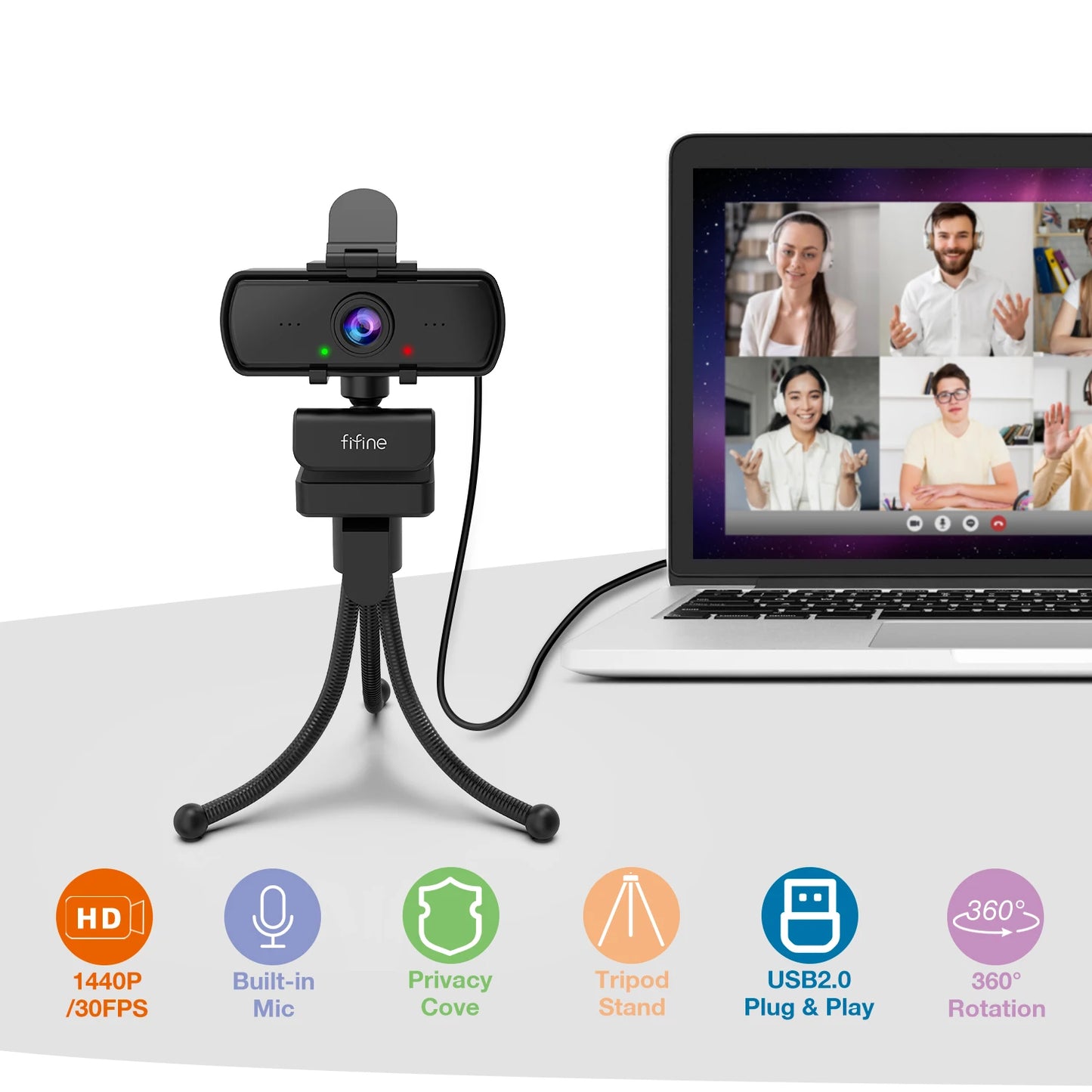 FIFINE K420 1440p HD Webcam with Mic & Tripod for Streaming & Video Calls