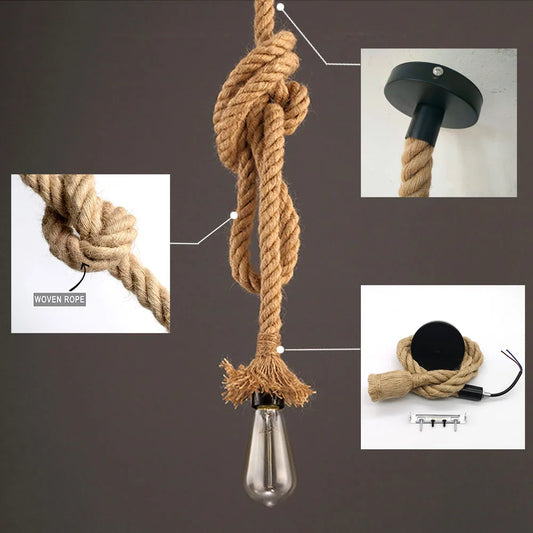 Vintage Hemp Rope Pendant Light – E27 Retro Industrial Hanging Lamp